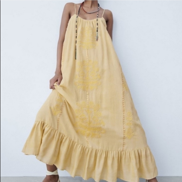 NWT Zara * Embroidered Maxi Long Dress Yellow - Picture 9 of 11